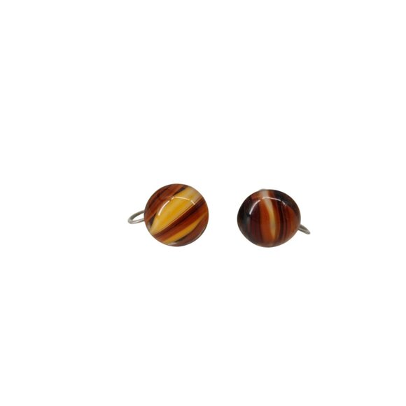 Brown Tigers Cats Eye Disk Screwback Earrings button Vintage Screw Back 93991 - Picture 1 of 3